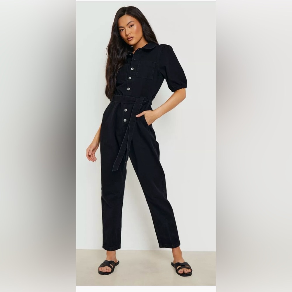 BOOHOO PUFF SLEEVE BUTTON FRONT DENIM JUMPSUIT